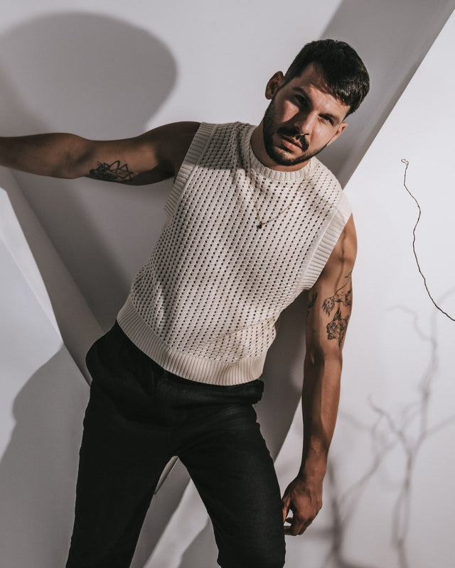 Men’s Sleeveless Crochet Vest - Beige