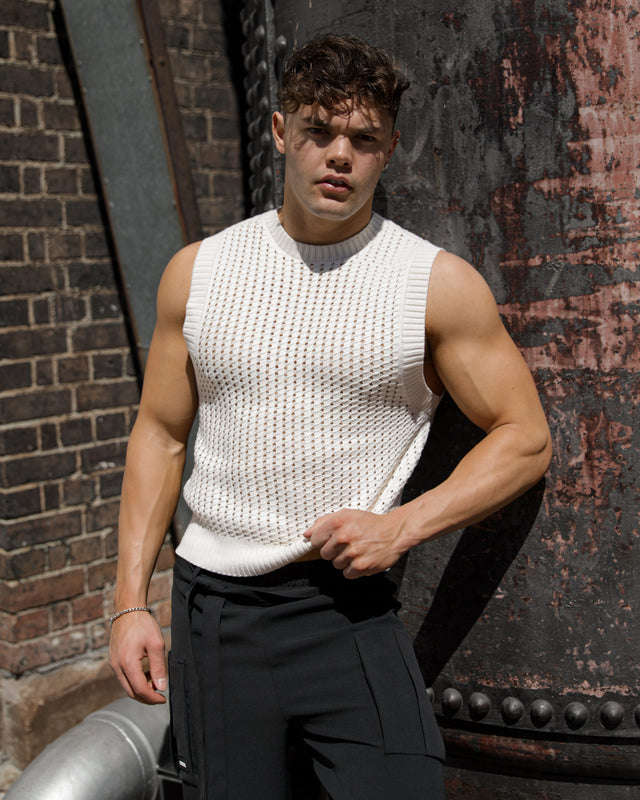 Men’s Sleeveless Crochet Vest - Beige