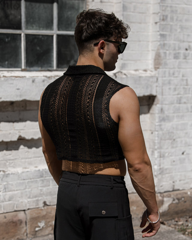 Men’s 100% Cotton Cropped Lace Shirt - Black