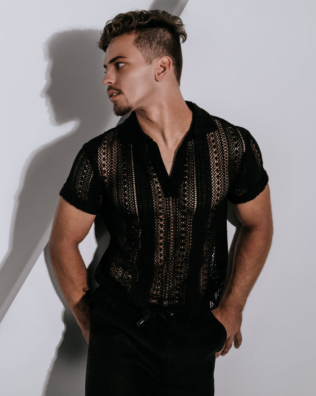 Voyadé 100% Cotton Lace Shirt - Black