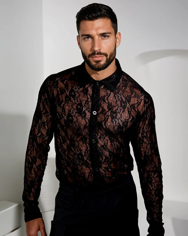 Zion Long Sleeve Ultra-fine Lace Shirt - Black