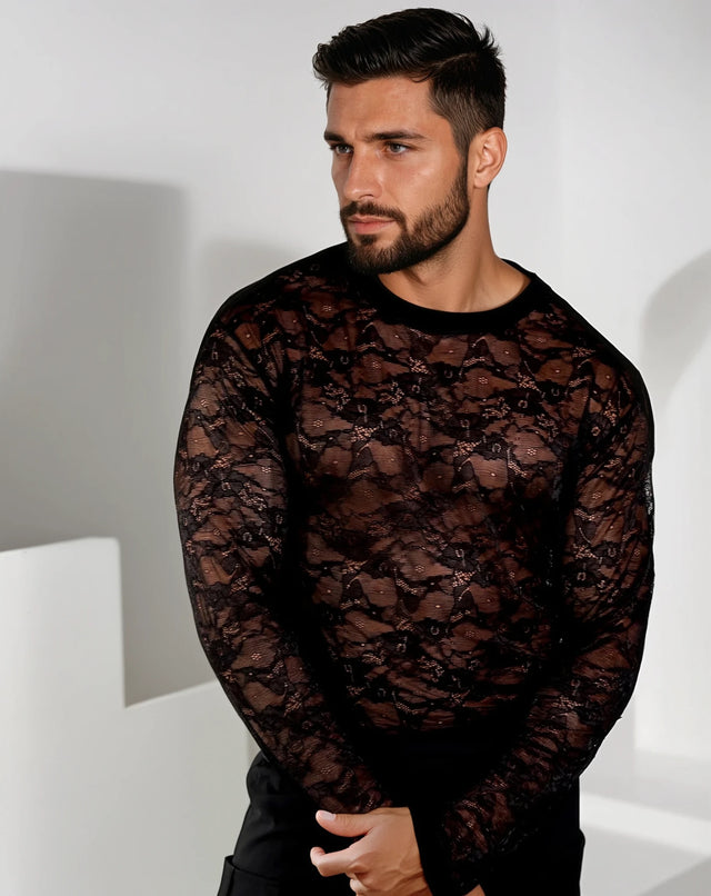 Fioren Crew-Neck Ultra-fine Lace Shirt - Black