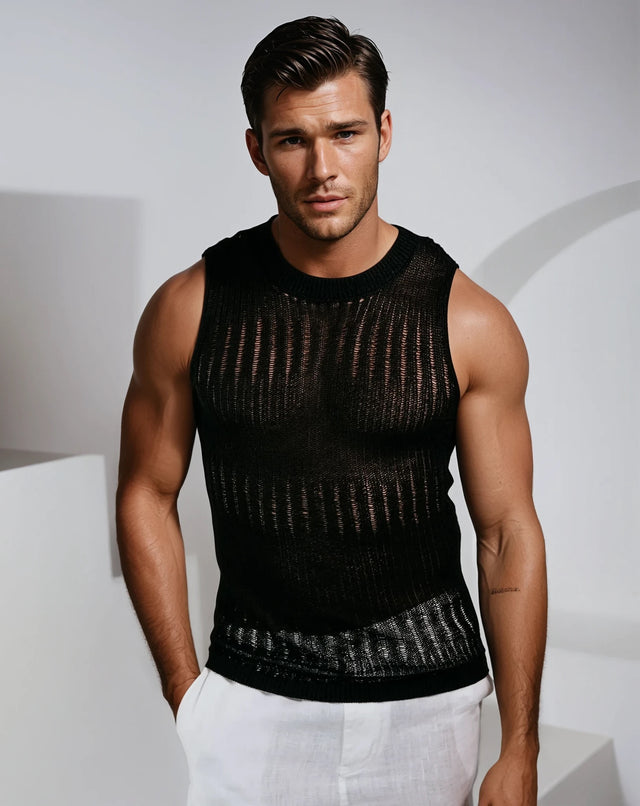 Marlow Sleeveless Distressed Knit Tank - Black