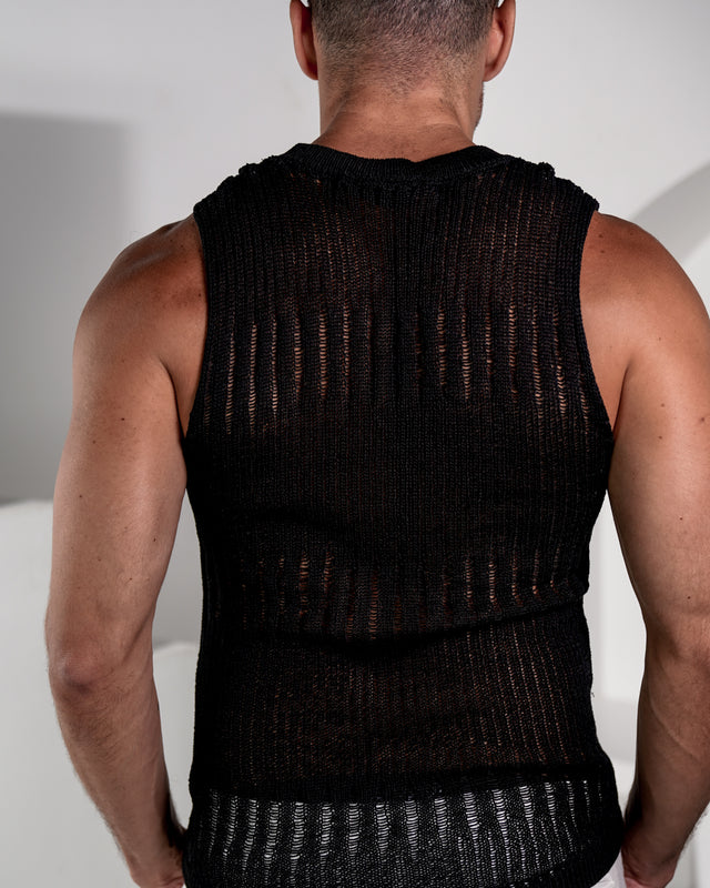 Marlow Sleeveless Distressed Knit Tank - Black
