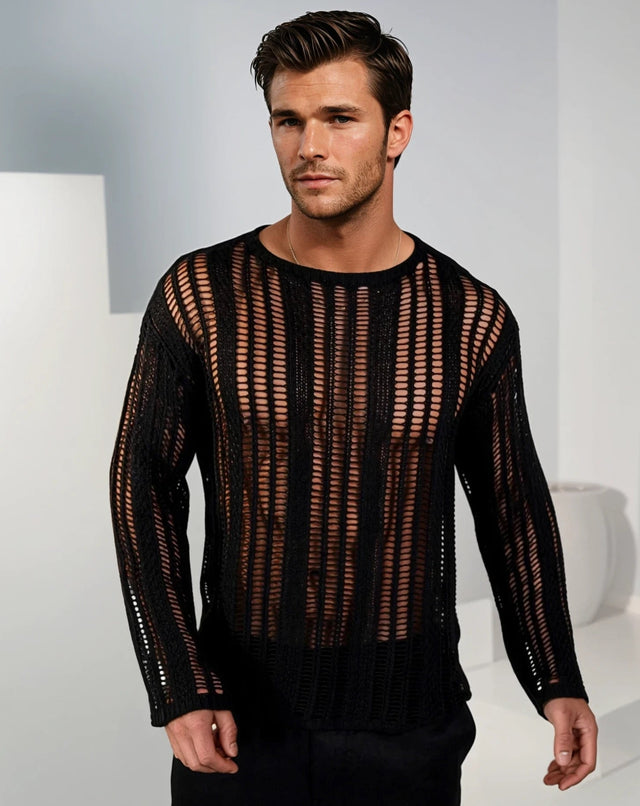 Kaveiro Distressed Long-Sleeve Crochet Shirt  - Black