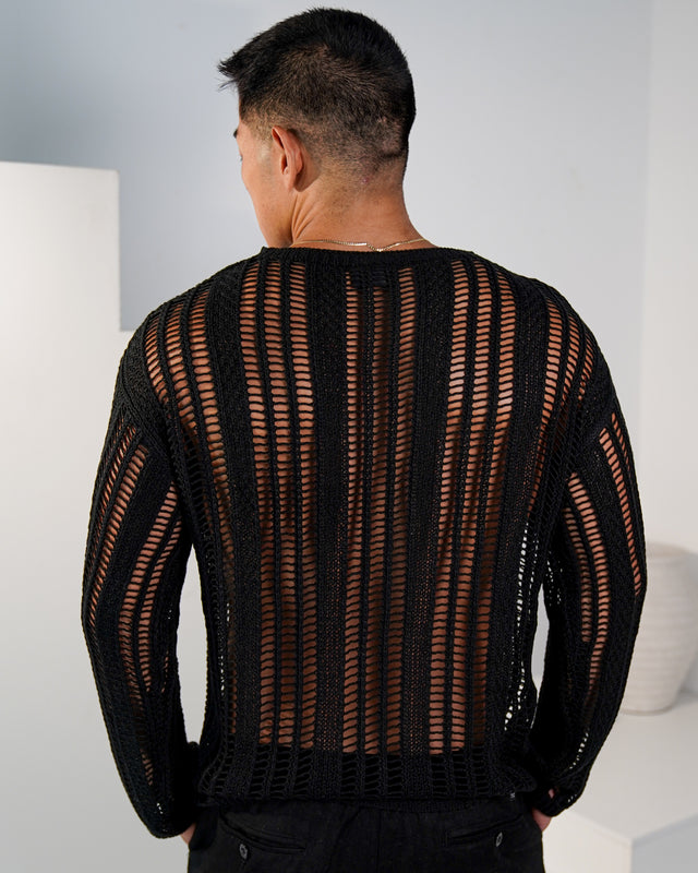 Kaveiro Distressed Long-Sleeve Crochet Shirt  - Black