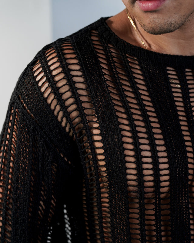 Kaveiro Distressed Long-Sleeve Crochet Shirt  - Black