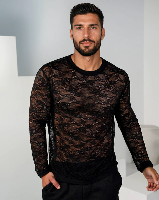 Fioren Crew-Neck Ultra-fine Lace Shirt - Black