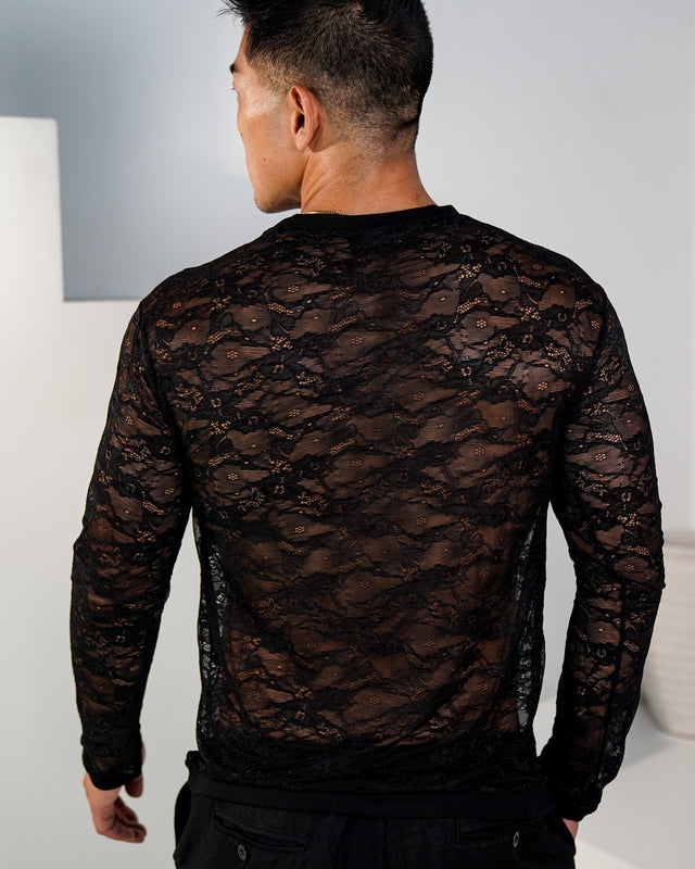 Fioren Crew-Neck Ultra-fine Lace Shirt - Black