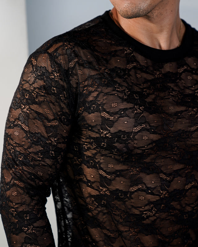 Fioren Crew-Neck Ultra-fine Lace Shirt - Black