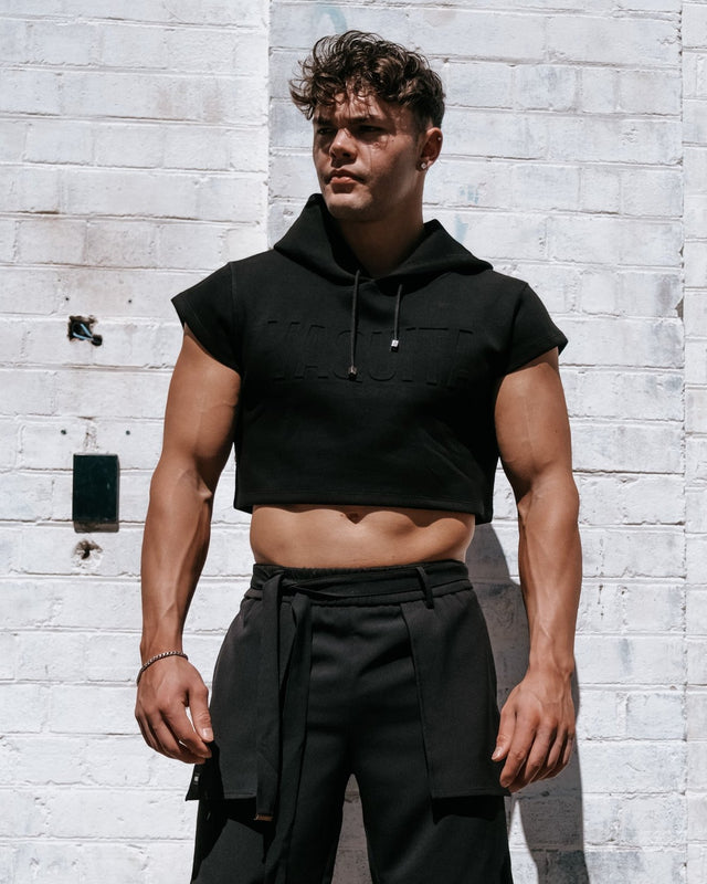 Men’s Cropped Embossed Hoodie - Black