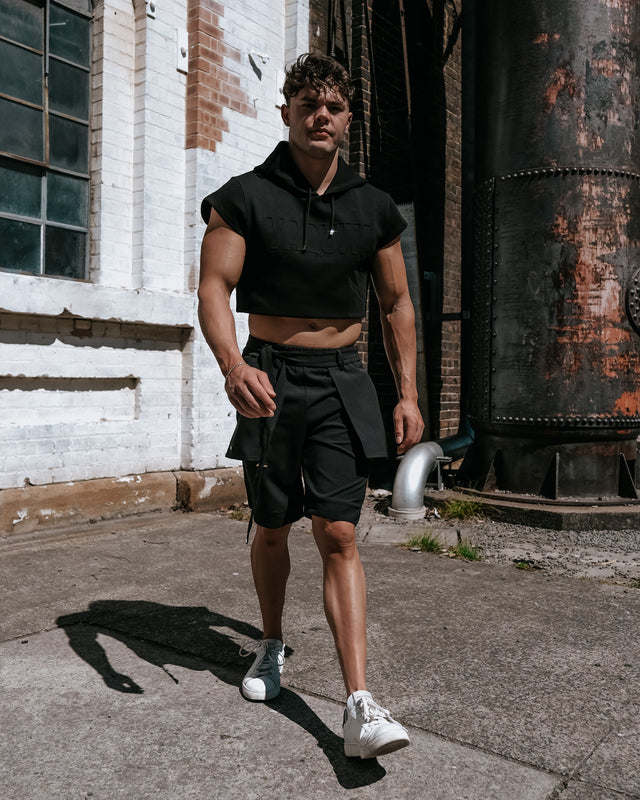 Men’s Cropped Embossed Hoodie - Black