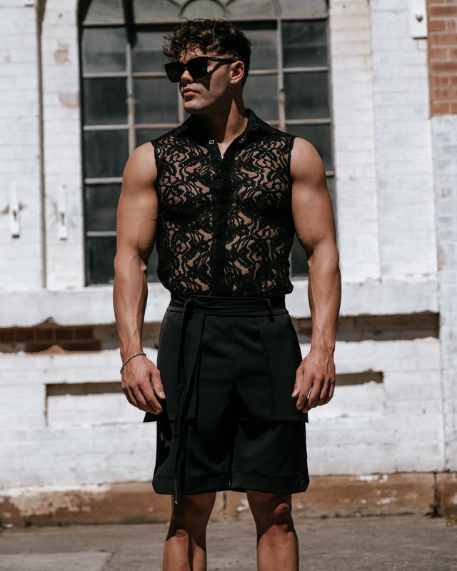 Men’s Sleeveless Lace Shirt - Black