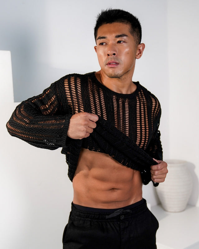 Kaveiro Distressed Long-Sleeve Crochet Shirt  - Black