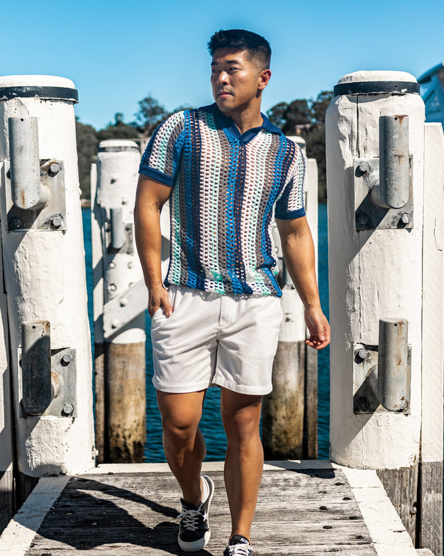 Atlas Crochet Polo Shirt - Blue Stripes