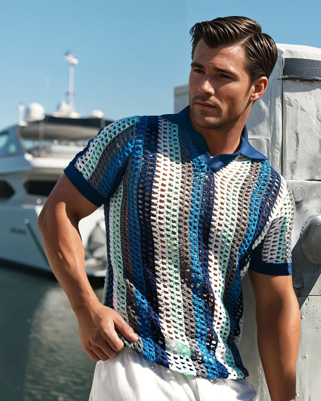 Atlas Crochet Polo Shirt - Blue Stripes