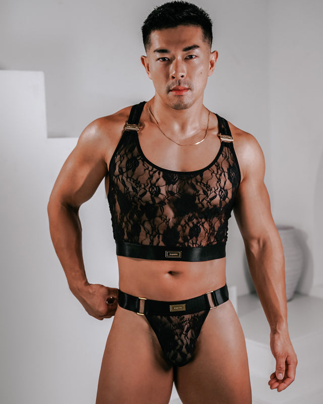 Ultra-Fine Lace Crop Top & Jock Thong Set - Black/Gold
