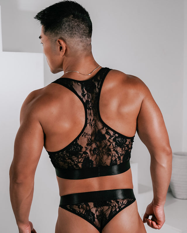 Ultra-Fine Lace Crop Top & Jock Thong Set - Black/Gold