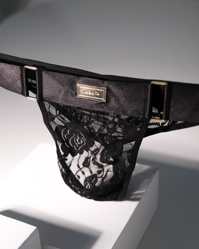 Ultra-Fine Lace Crop Top & Jock Thong Set - Black/Gold