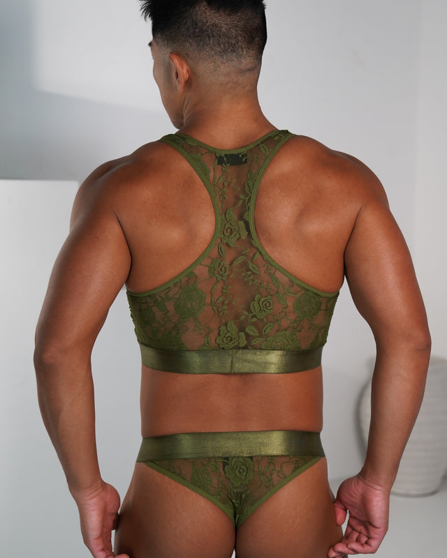 Ultra-Fine Lace Crop Top & Jock Thong Set - Army Green / Gold