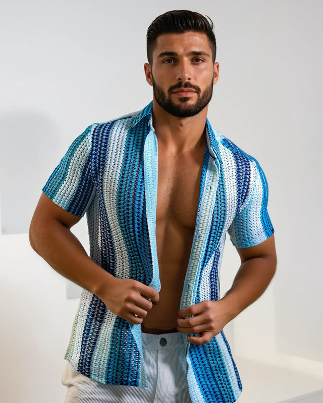 Men's Textured Shirt Classic Fit  - Blue Stripes