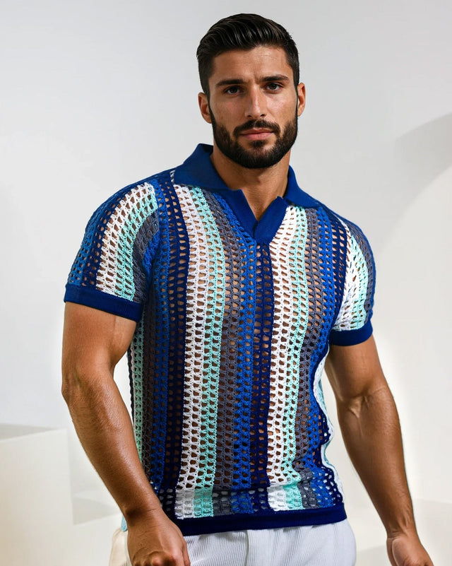 Atlas Crochet Polo Shirt - Blue Stripes