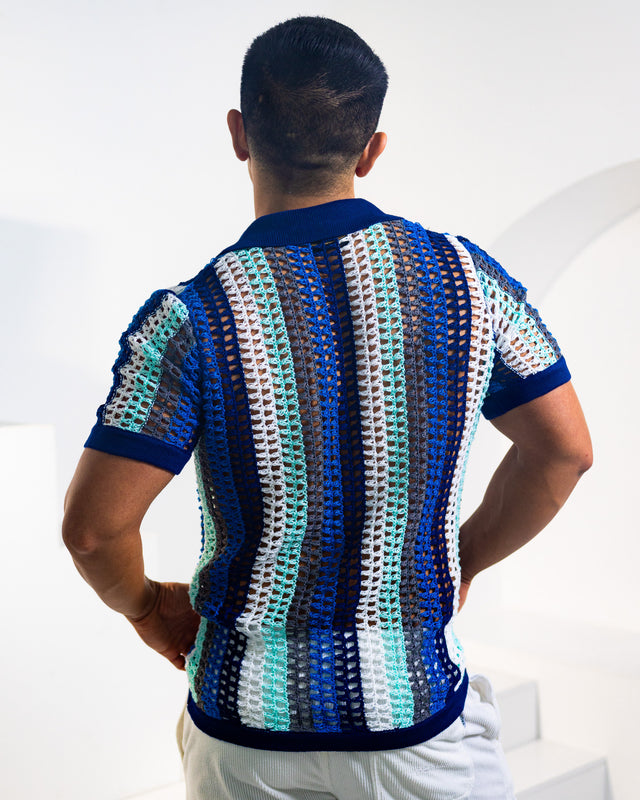 Atlas Crochet Polo Shirt - Blue Stripes