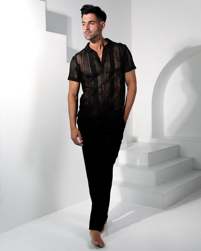Voyadé 100% Cotton Lace Shirt - Black