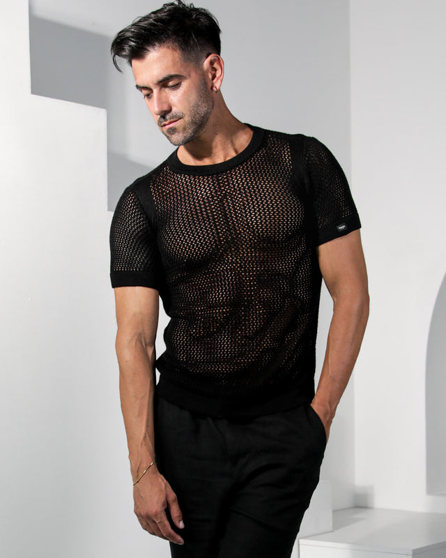 Wylder Crochet Crew-Neck Shirt- Black