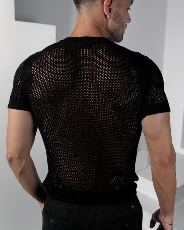 Wylder Crochet Crew-Neck Shirt- Black