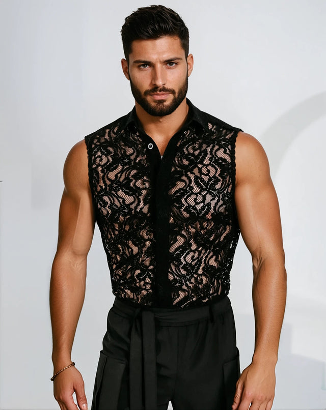 Men’s Sleeveless Lace Shirt - Black