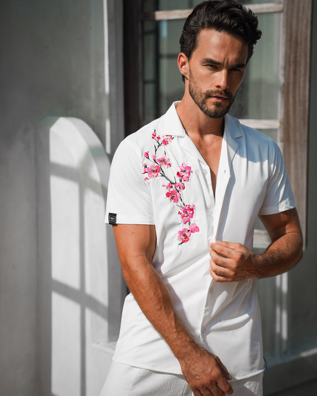 Men's Ice Silk Shirt - Embroidery Sakura White