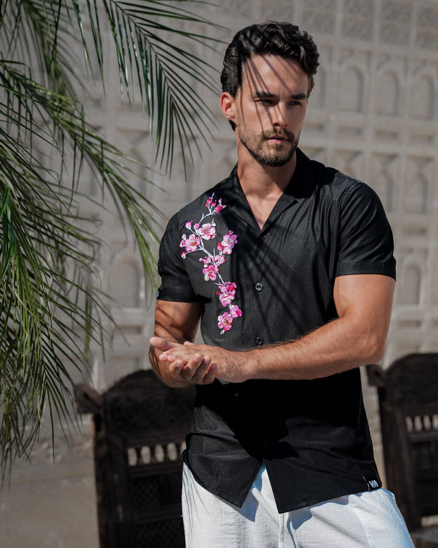 Men's Ice Silk Shirt - Embroidery Sakura Black