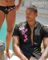 Men's Ice Silk Shirt - Embroidery Sakura Black