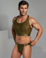 Ultra-Fine Lace Crop Top & Jock Thong Set - Army Green / Gold