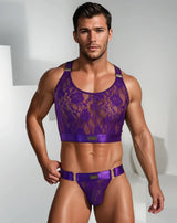 Ultra-Fine Lace Crop Top & Jock Thong Set - Amethyst /Gold