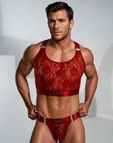 Ultra-Fine Lace Crop Top & Jock Thong Set - Merlot / Gold