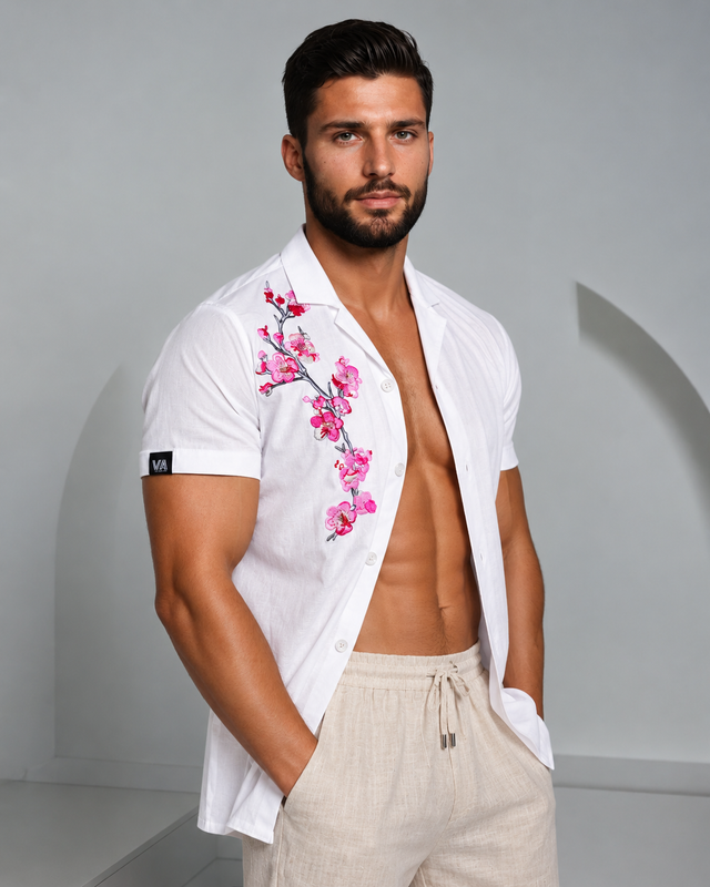 Men's Ice Silk Shirt - Embroidery Sakura White