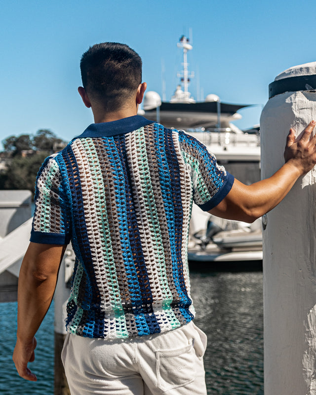 Atlas Crochet Polo Shirt - Blue Stripes