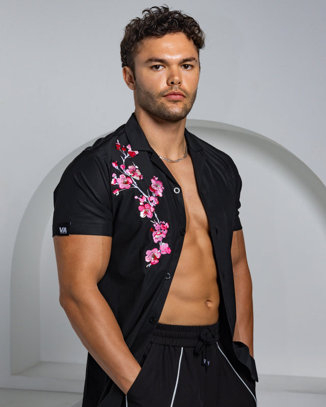 Limited Edition- Men's Ice Silk Shirt - Embroidery Sakura