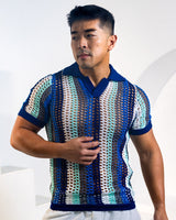 Atlas Crochet Polo Shirt - Blue Stripes