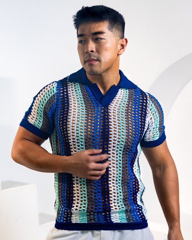 Atlas Crochet Polo Shirt - Blue Stripes