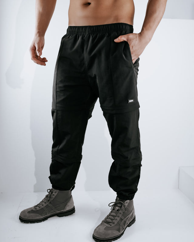 Three Tiered Convertible Cargo Parachute Pants - Black