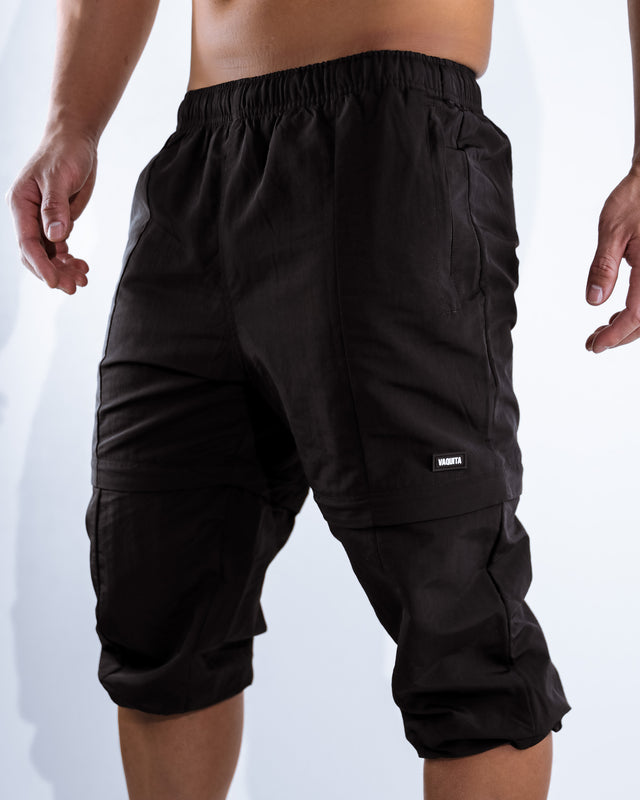 Three Tiered Convertible Cargo Parachute Pants - Black