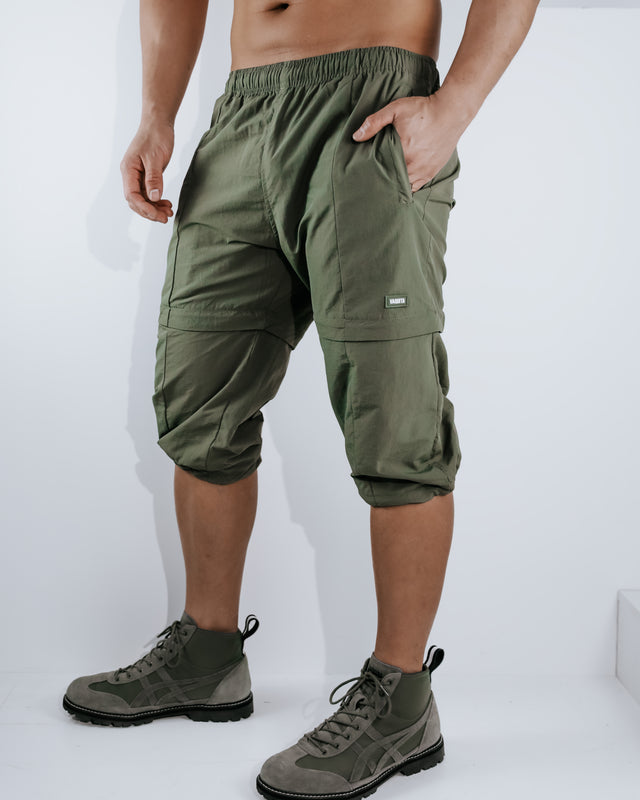 Three Tiered Convertible Cargo Parachute Pants - Army Green