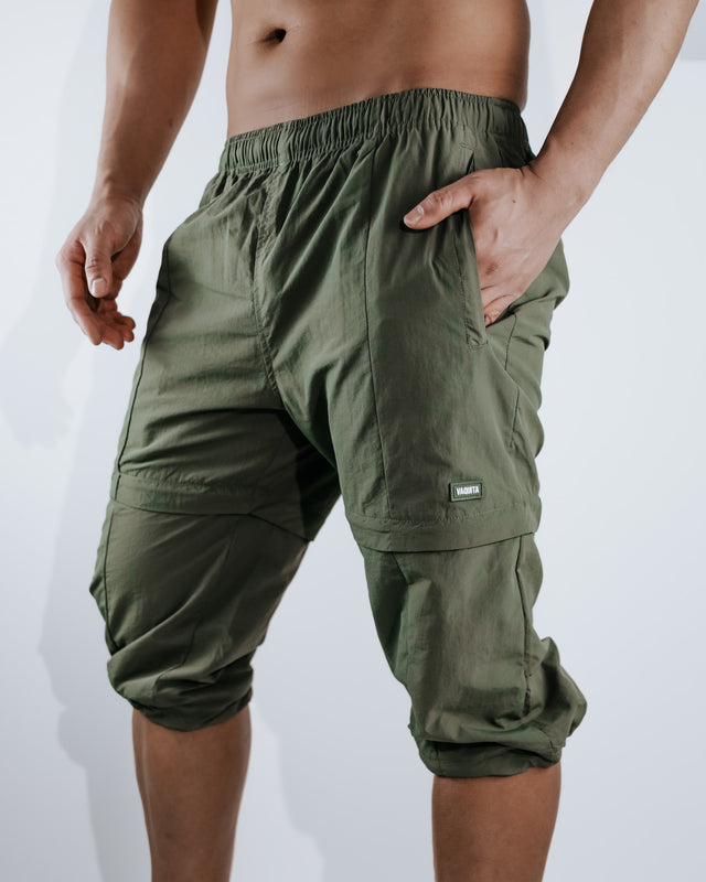 Three Tiered Convertible Cargo Parachute Pants - Army Green