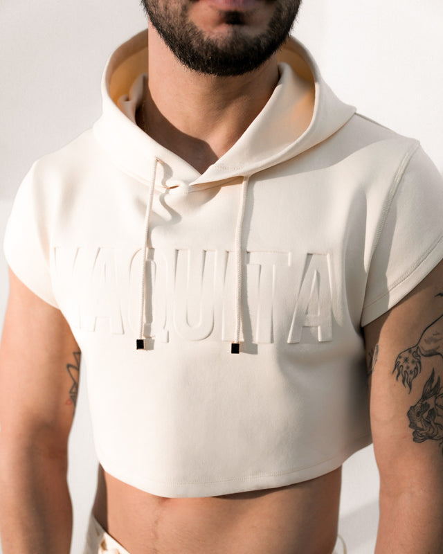 Men’s Cropped Embossed Hoodie - Beige