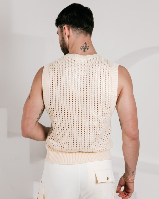 Men’s Sleeveless Crochet Vest - Beige