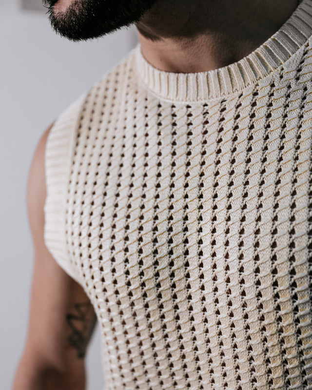 Men’s Sleeveless Crochet Vest - Beige