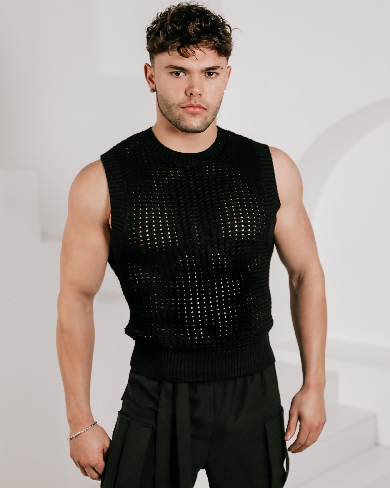 Men's Sleeveless Crochet Vest Black – Vaquita The Label